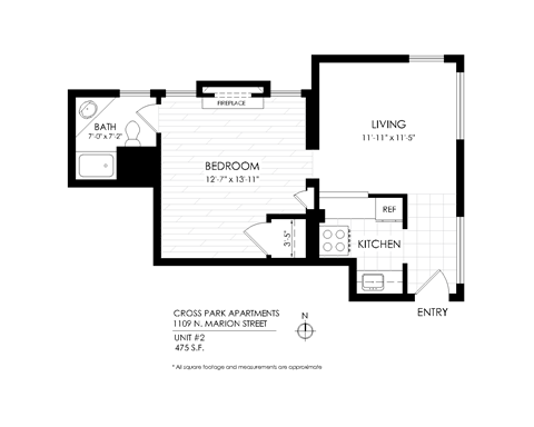 A black and white drawing of a floor plan for a living space.